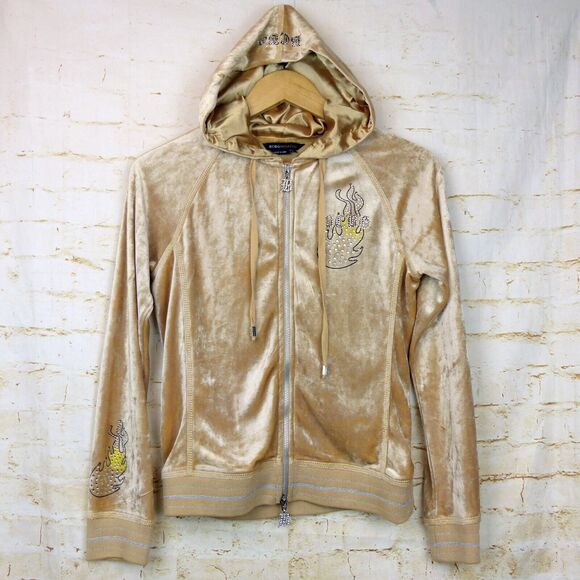 Vtg BCBGMAXAZRIA Y2K Velour Hoodie Track Jacket M Beige Rhinestone Graphic Flame - Picture 2 of 15